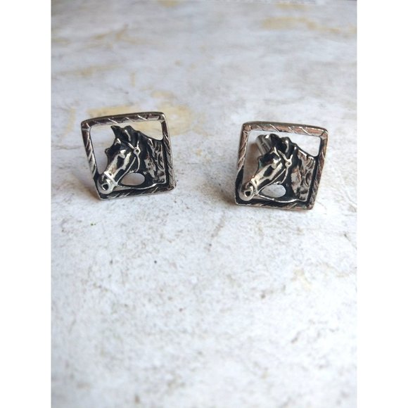 Vintage Square Frame Horse Cuff Links Silver Tone - Picture 1 of 4